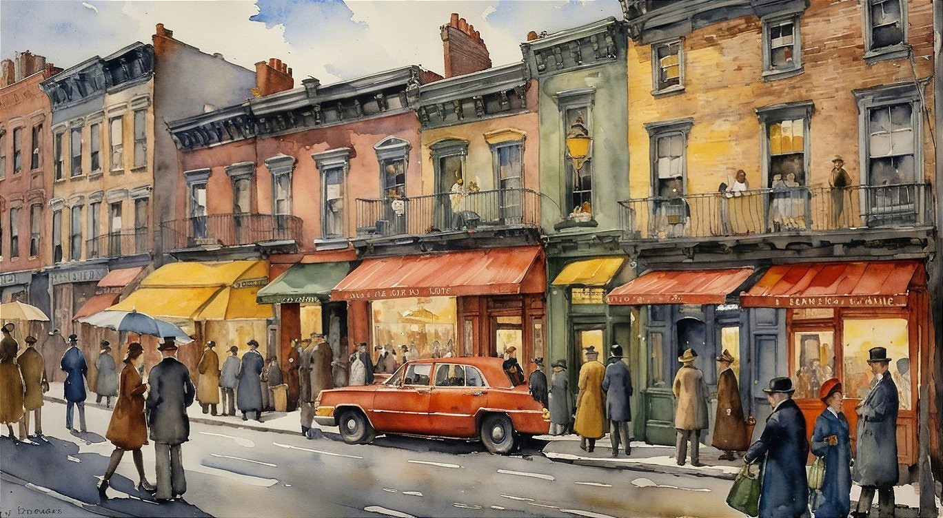 Vintage Town Street Scene with Colorful Storefronts