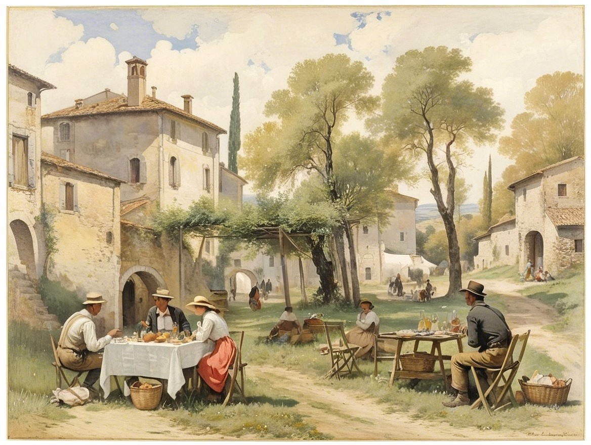 Sunlit Village Scene with Rustic Buildings and Community