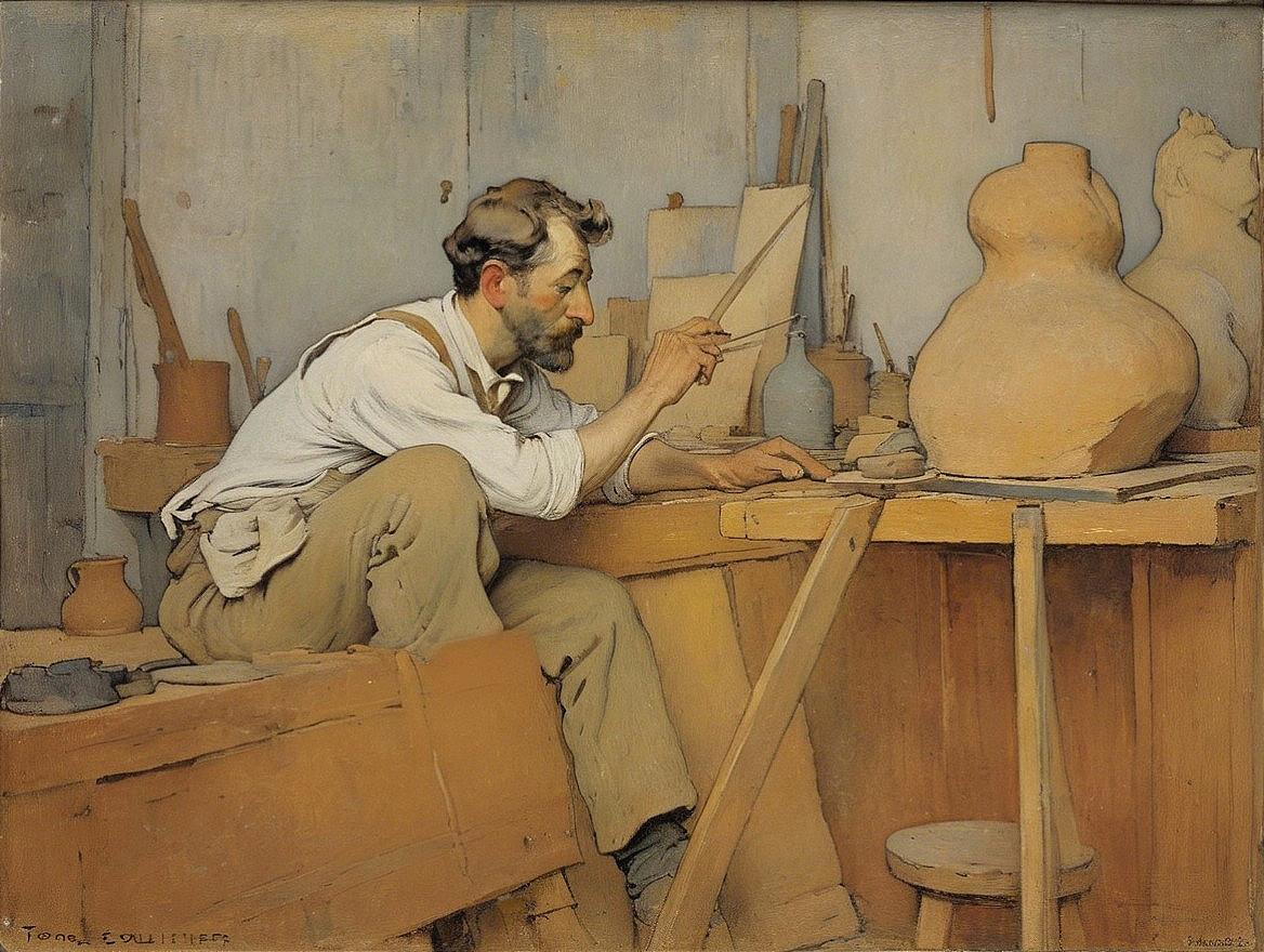 Potter Creating Clay Art in Rustic Workshop Setting
