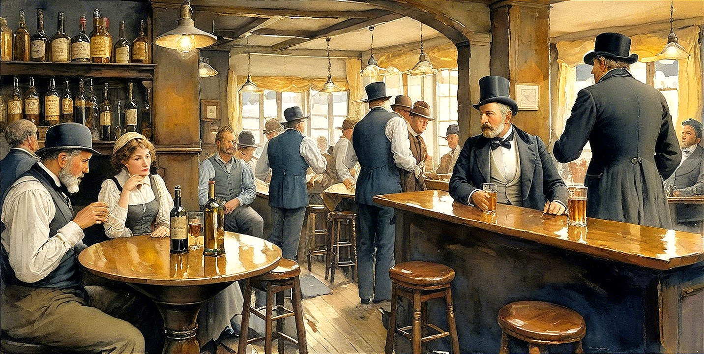 Vintage pub scene with early 20th-century patrons