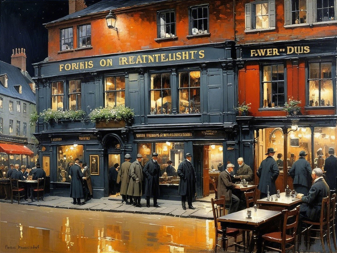 Charming Pub Evening Scene with Patrons and Warm Lights