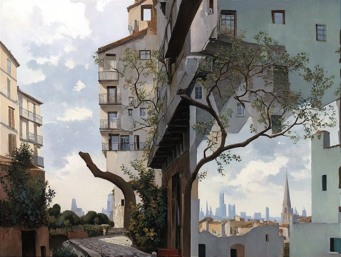 Serene Urban Landscape with Whitewashed Buildings and Trees