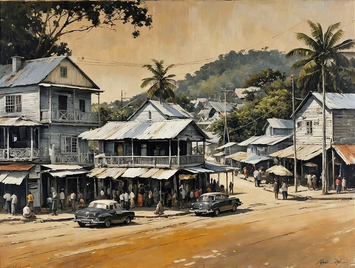 Vibrant Village Street with Wooden Buildings and Palm Trees