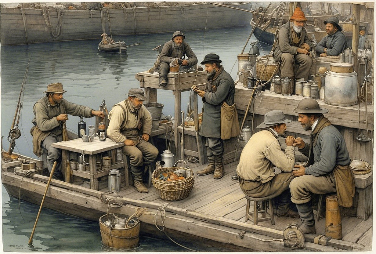 Fishing Dock Scene with Fishermen and Boats