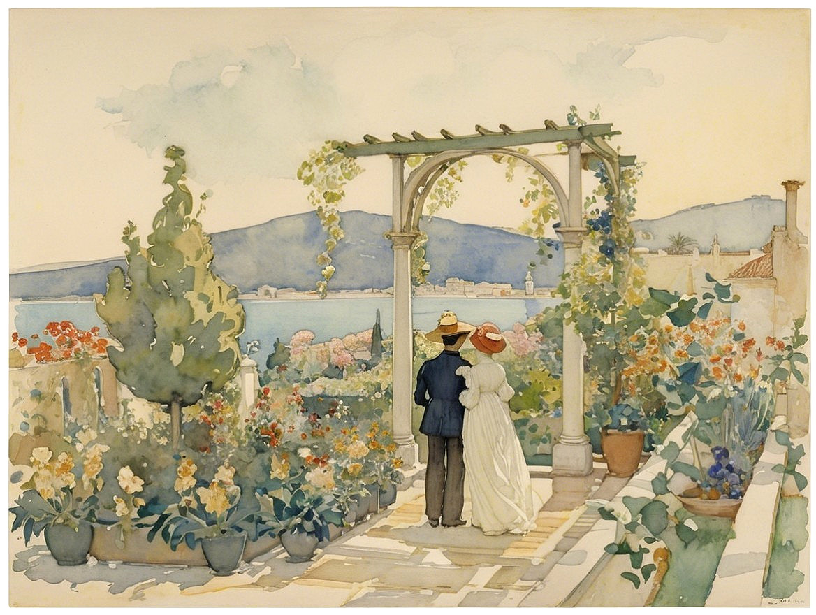 Romantic Couple Under Vine-Covered Archway Landscape