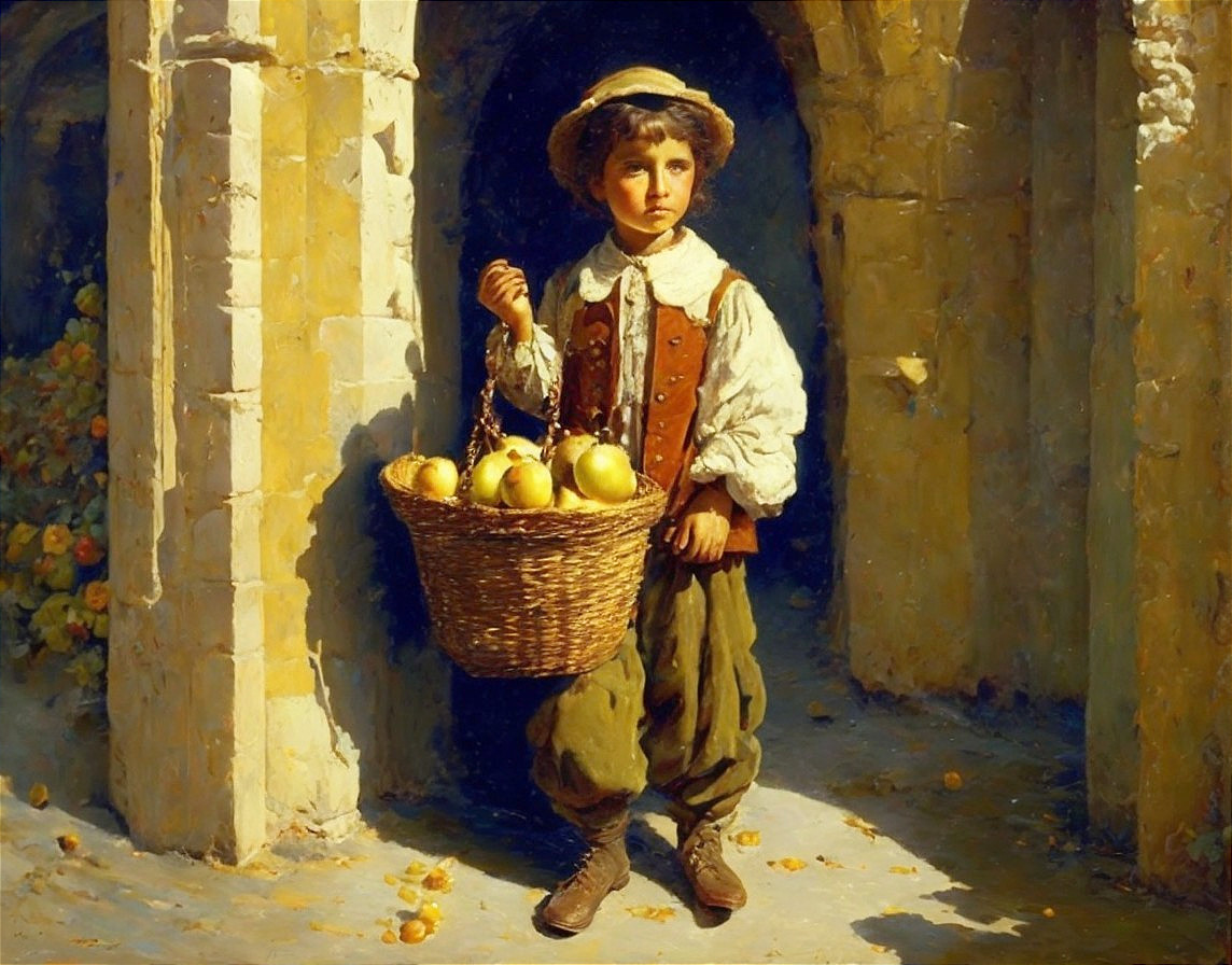 Young boy in stone archway with basket of apples