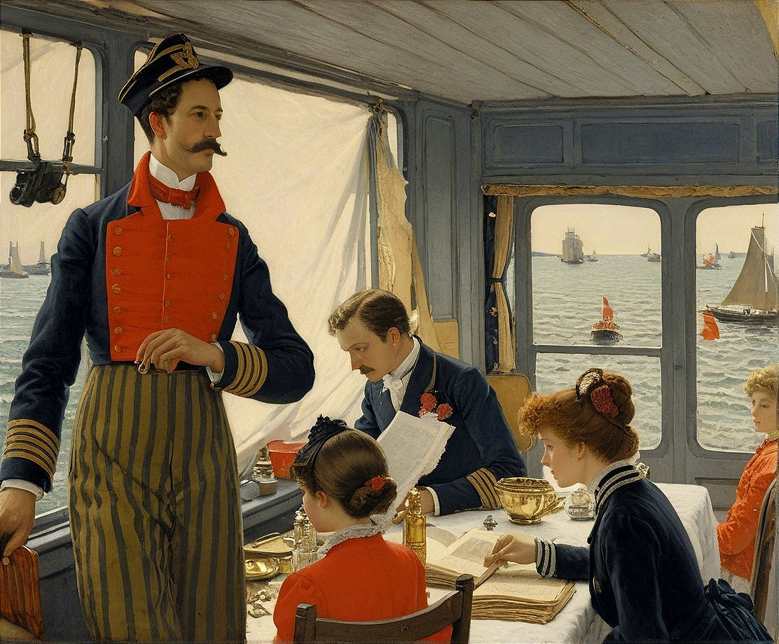 19th Century Ship Cabin with Elegant Figures and Sailboats