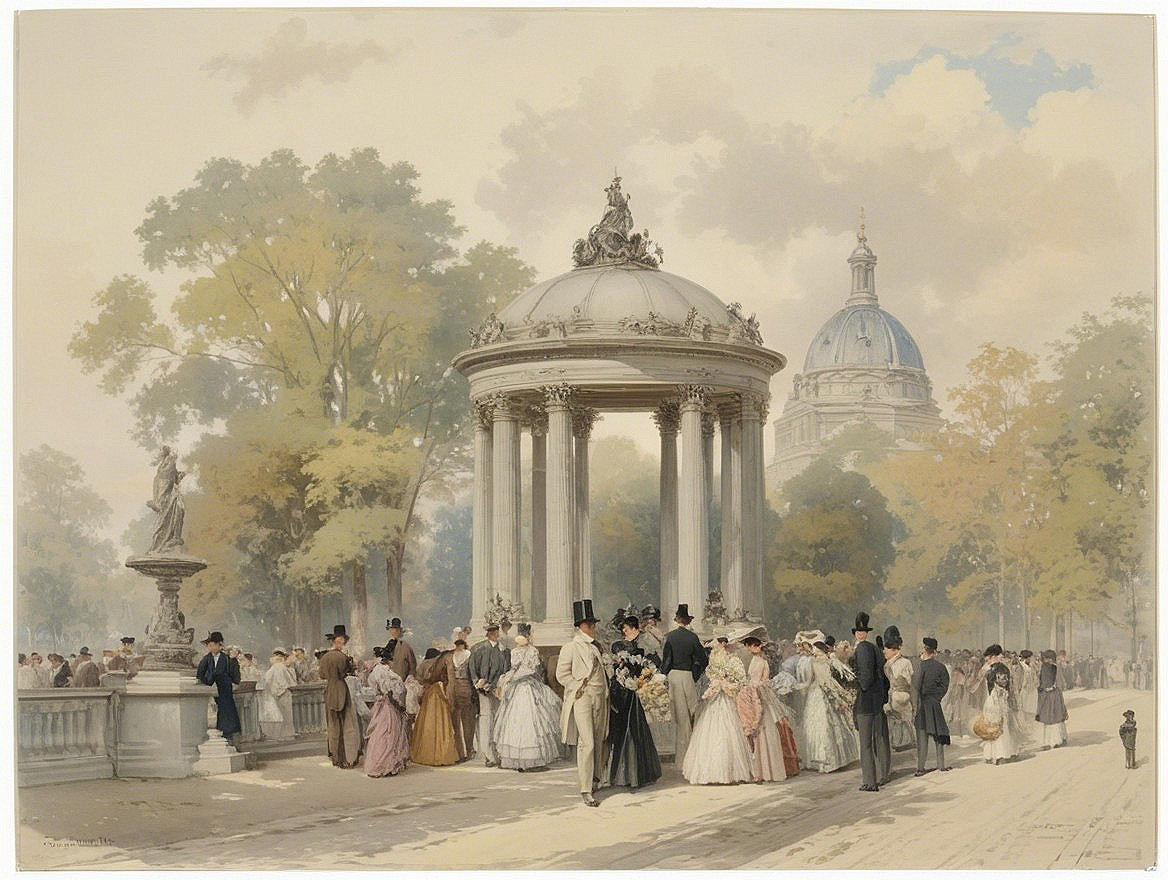 19th Century Park Scene with Gazebo and Elegant Attire