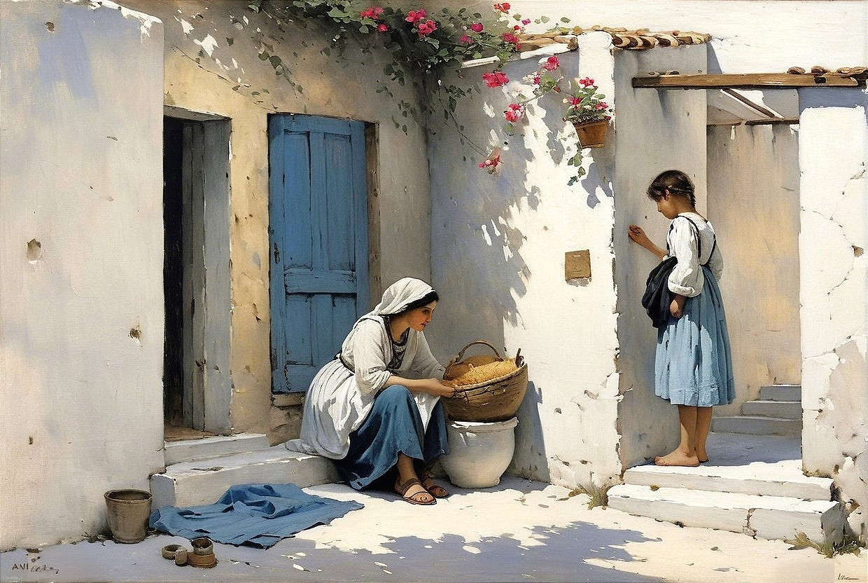 Serene Mediterranean courtyard with two women and plants
