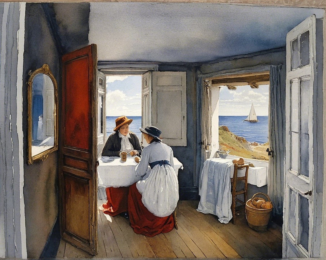 Women in Period Costumes in Serene Interior Setting
