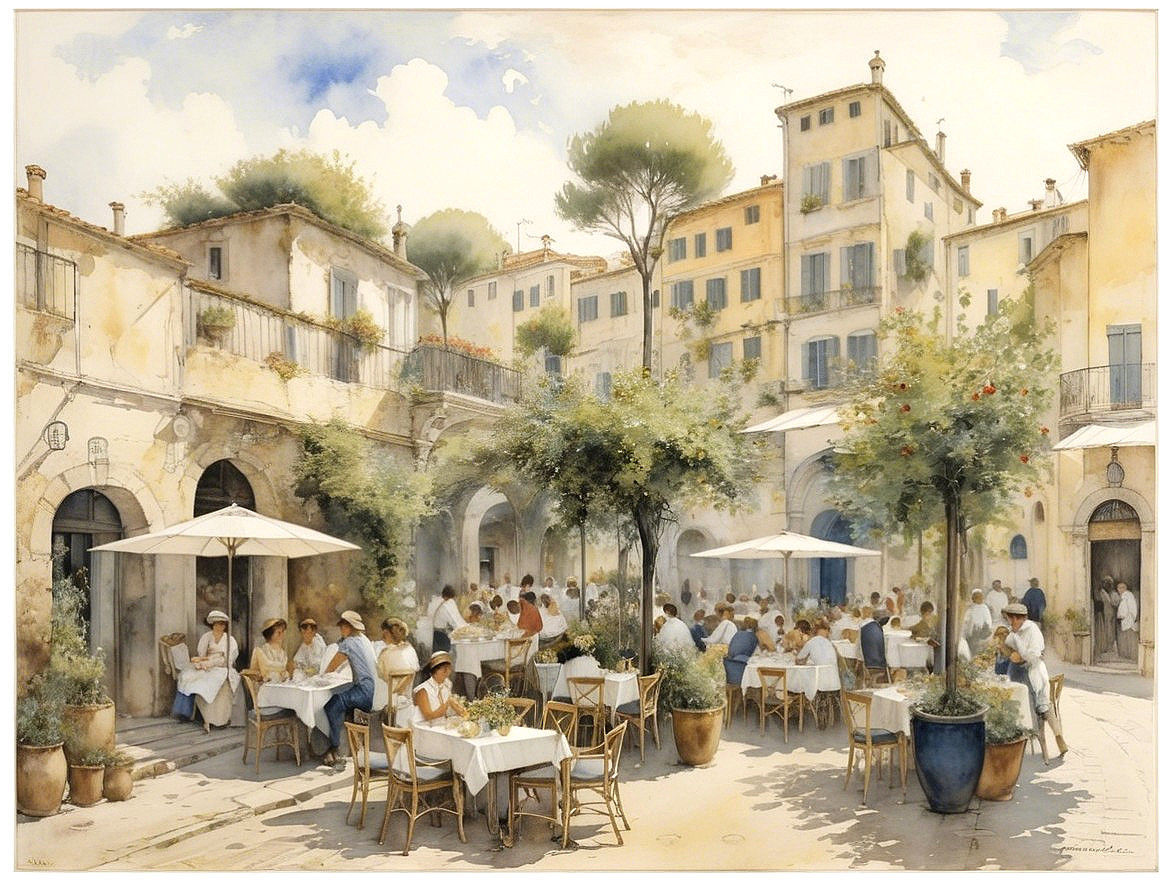 Outdoor Café Scene in a Sunny Plaza with Rustic Charm