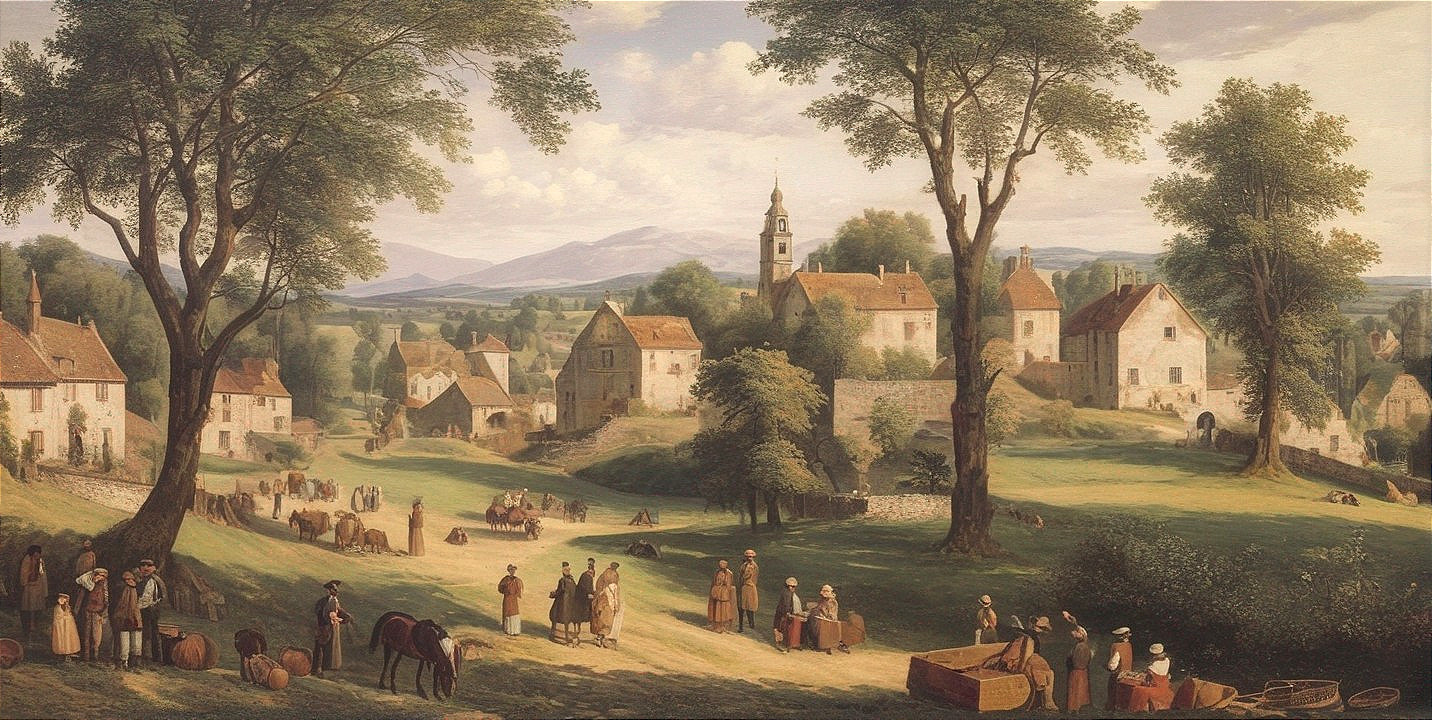 Serene rural village scene with greenery and houses