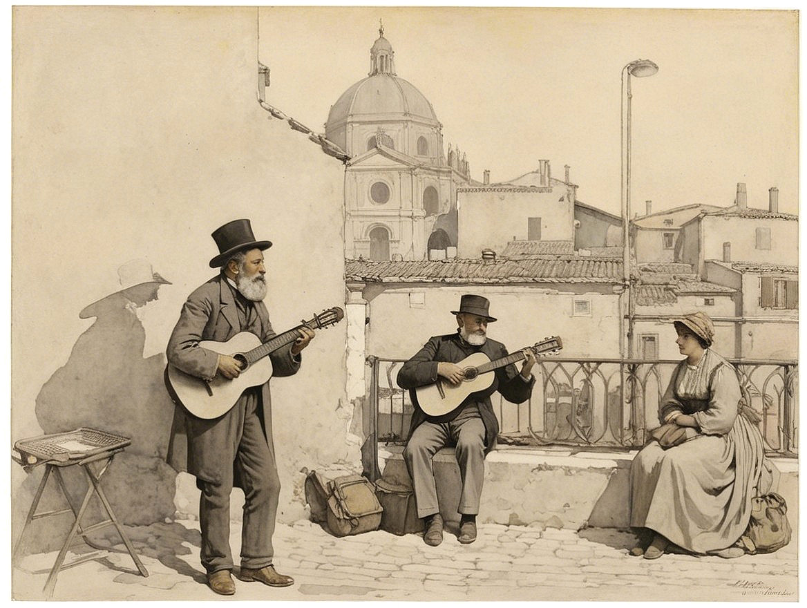 Gentlemen Playing Guitars in Quaint Italian Scene