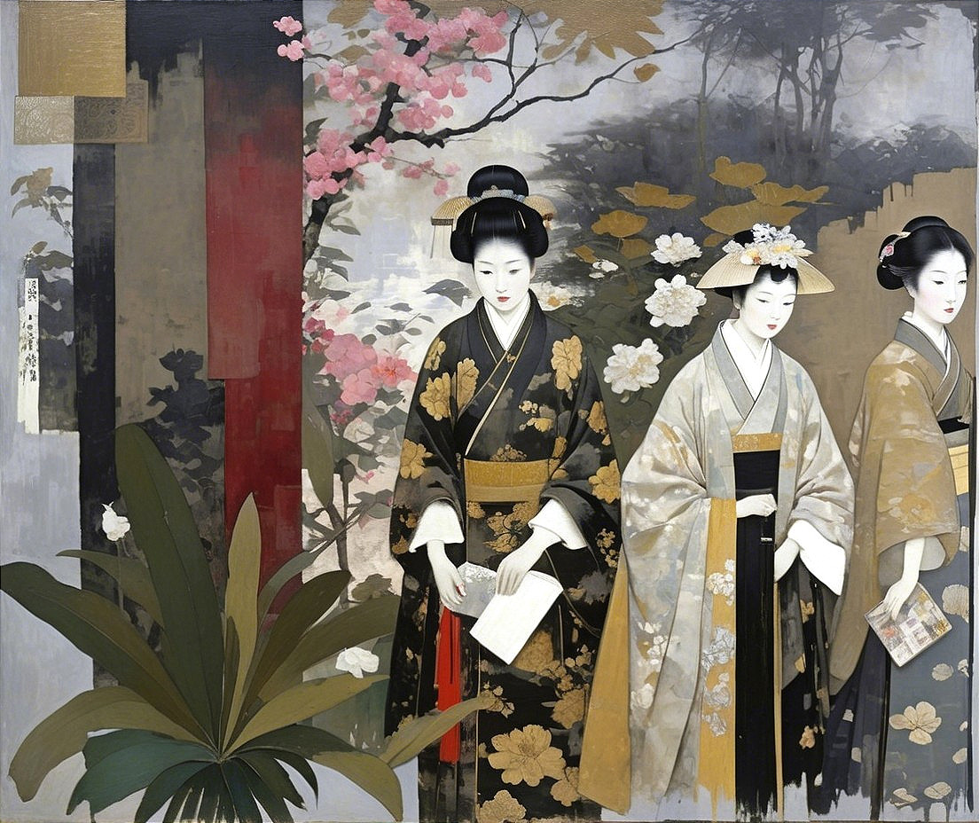 Three Women in Traditional Kimonos Surrounded by Blossoms