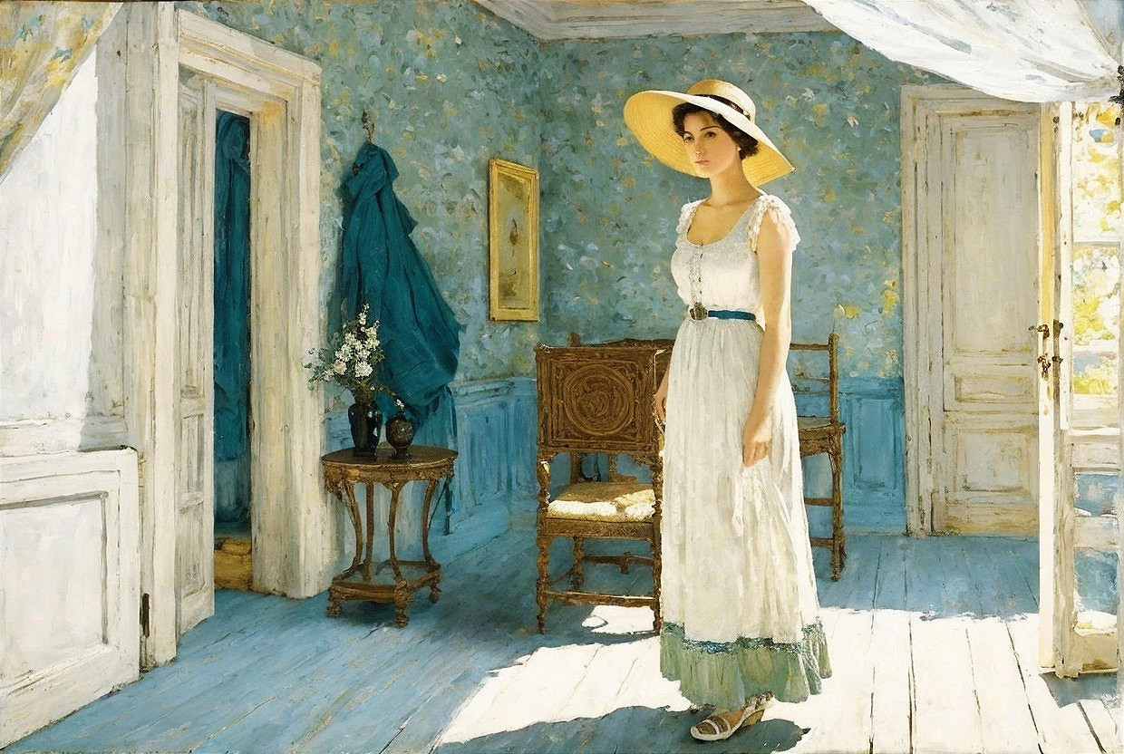 Young Woman in White Dress in Sunlit Blue Room