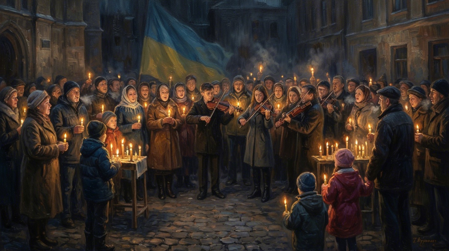 Candlelit Gathering with Musicians in City Street