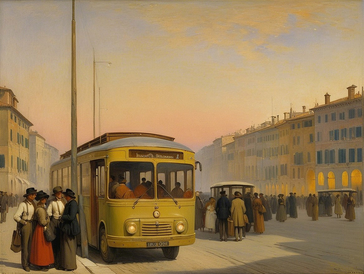 Vibrant Dusk Street Scene with Classic Yellow Bus