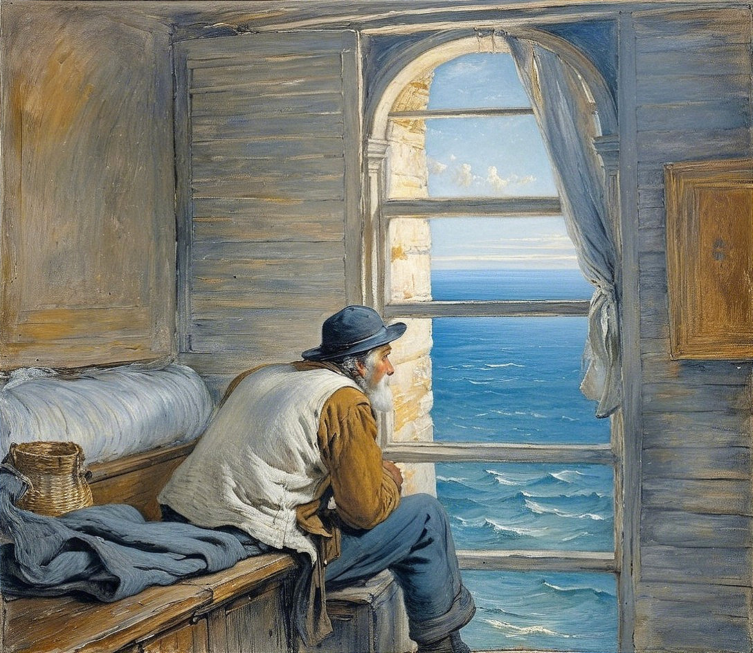 Contemplative Man by Coastal Window with Ocean View