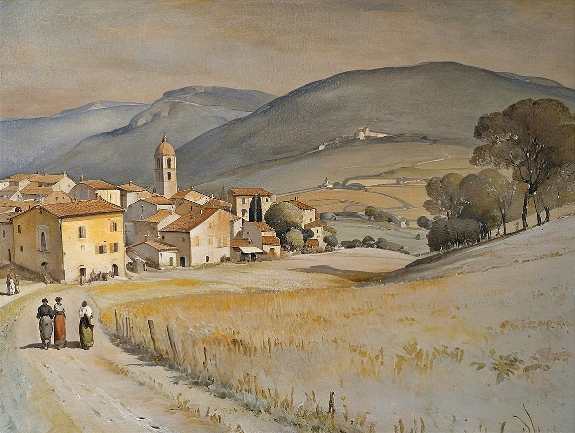 Quaint Village in Rolling Hills with Serene Landscape