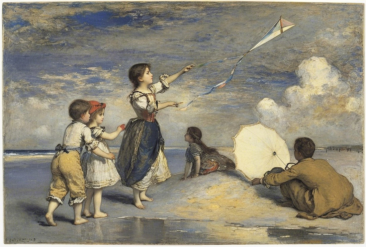 Charming Seaside Scene with Children Playing and Relaxing