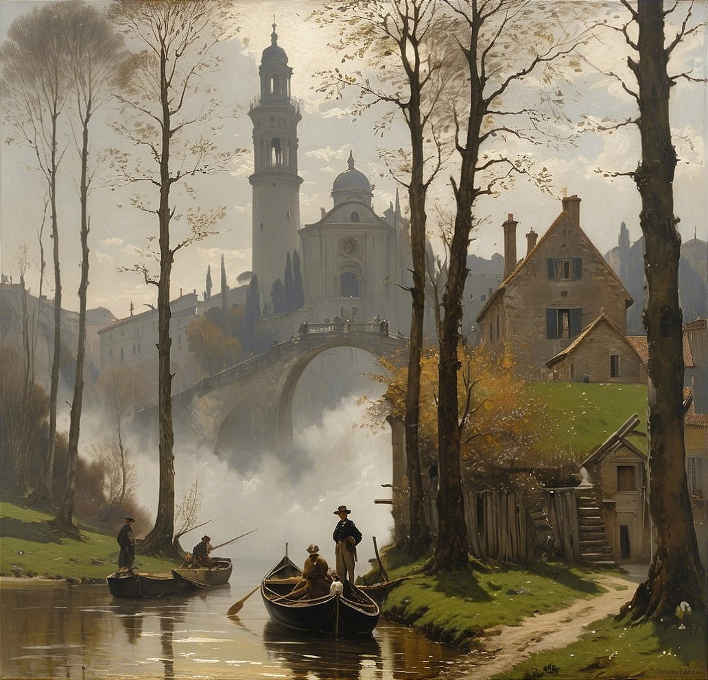 Serene Riverscape with Autumn Foliage and Village
