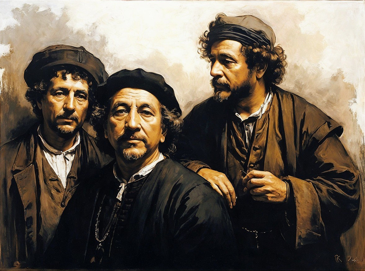Three Men in Historical Attire with Dramatic Lighting