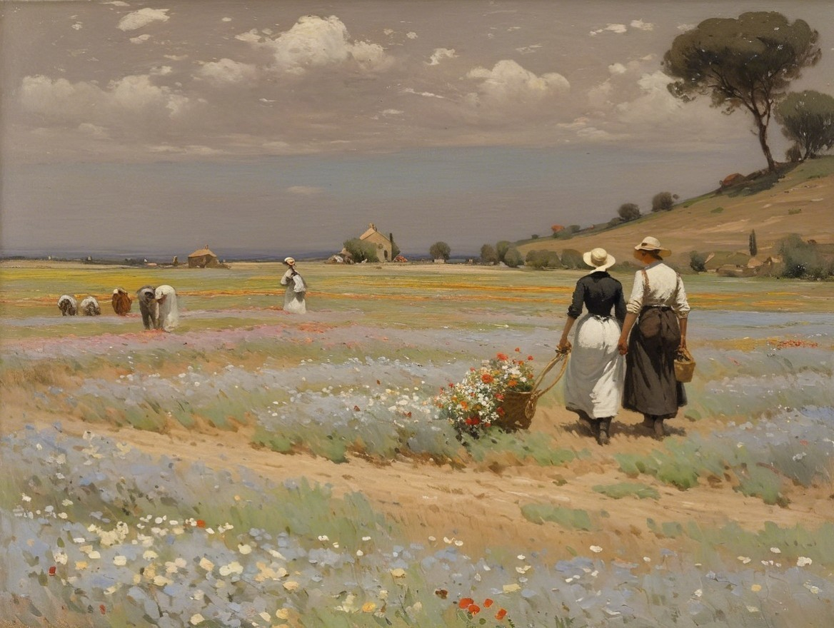 Vibrant Landscape with Women and Blooming Flowers