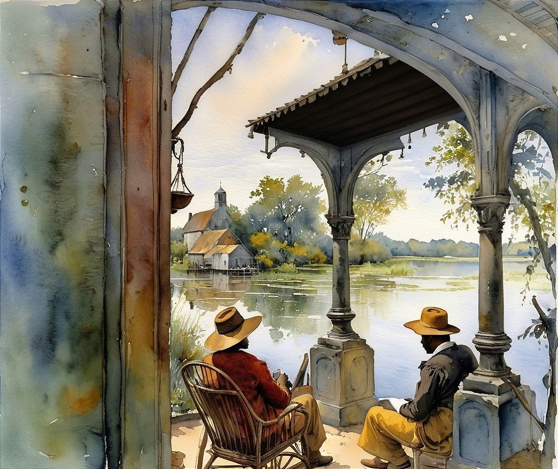 Figures in Rustic Chairs Under Gazebo by Waterway