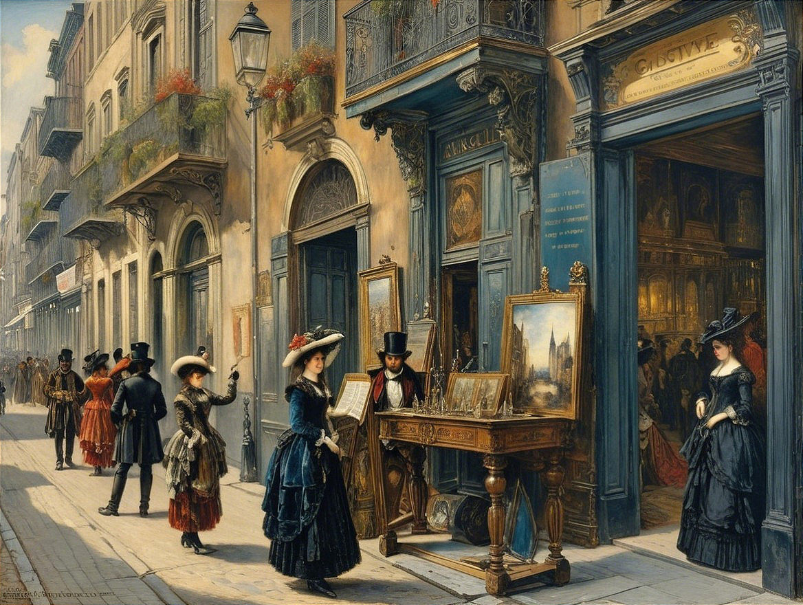 Historic Street Scene with Shops and Elegant Fashion