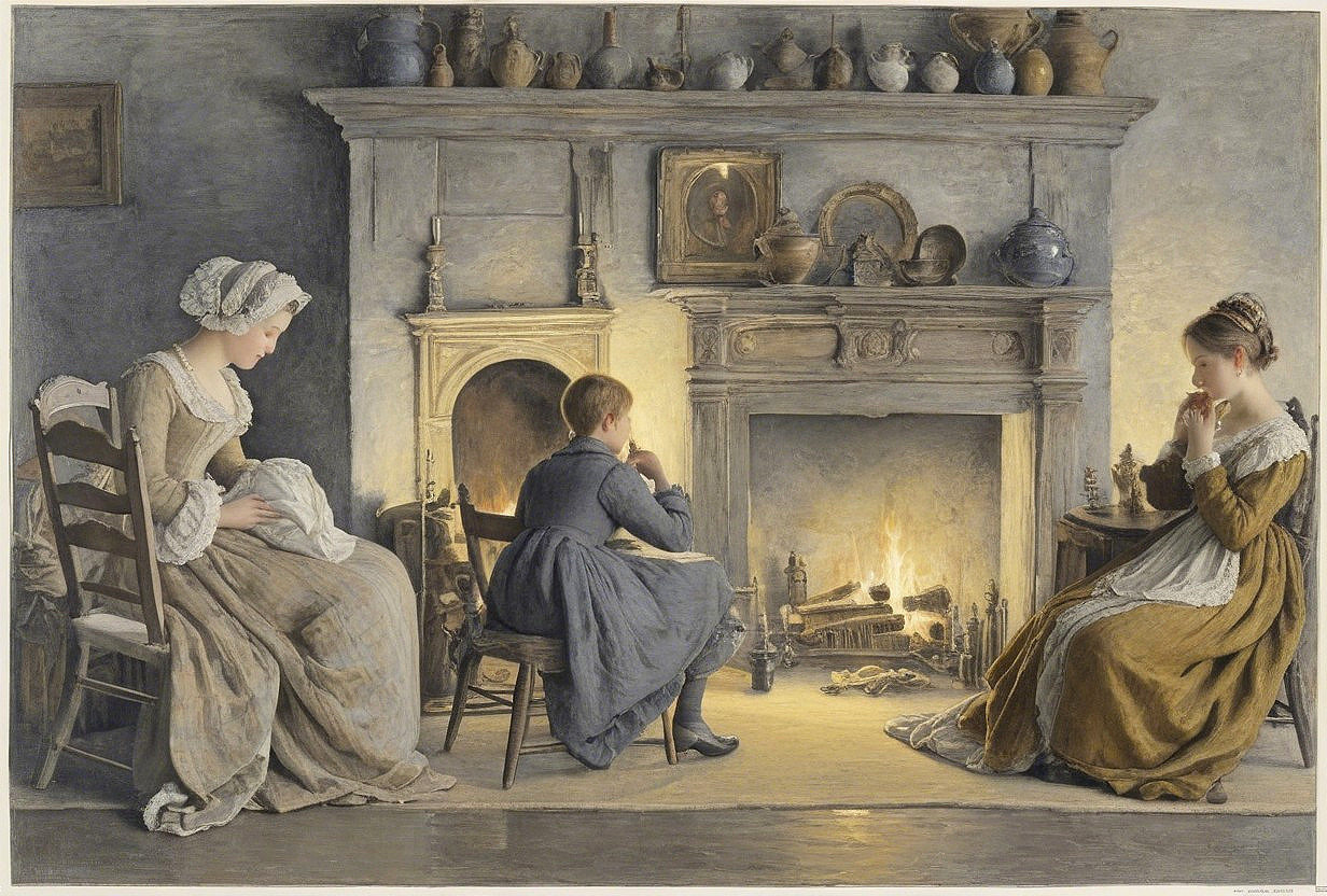 Cozy Interior Scene with Figures and Warm Fire