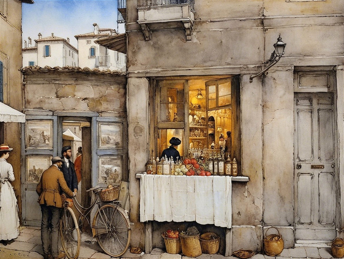 Quaint street market with charming shop and cyclist