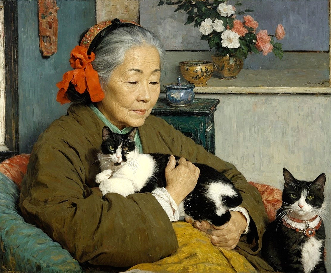 Elderly Woman with Cats in a Cozy Setting Painting