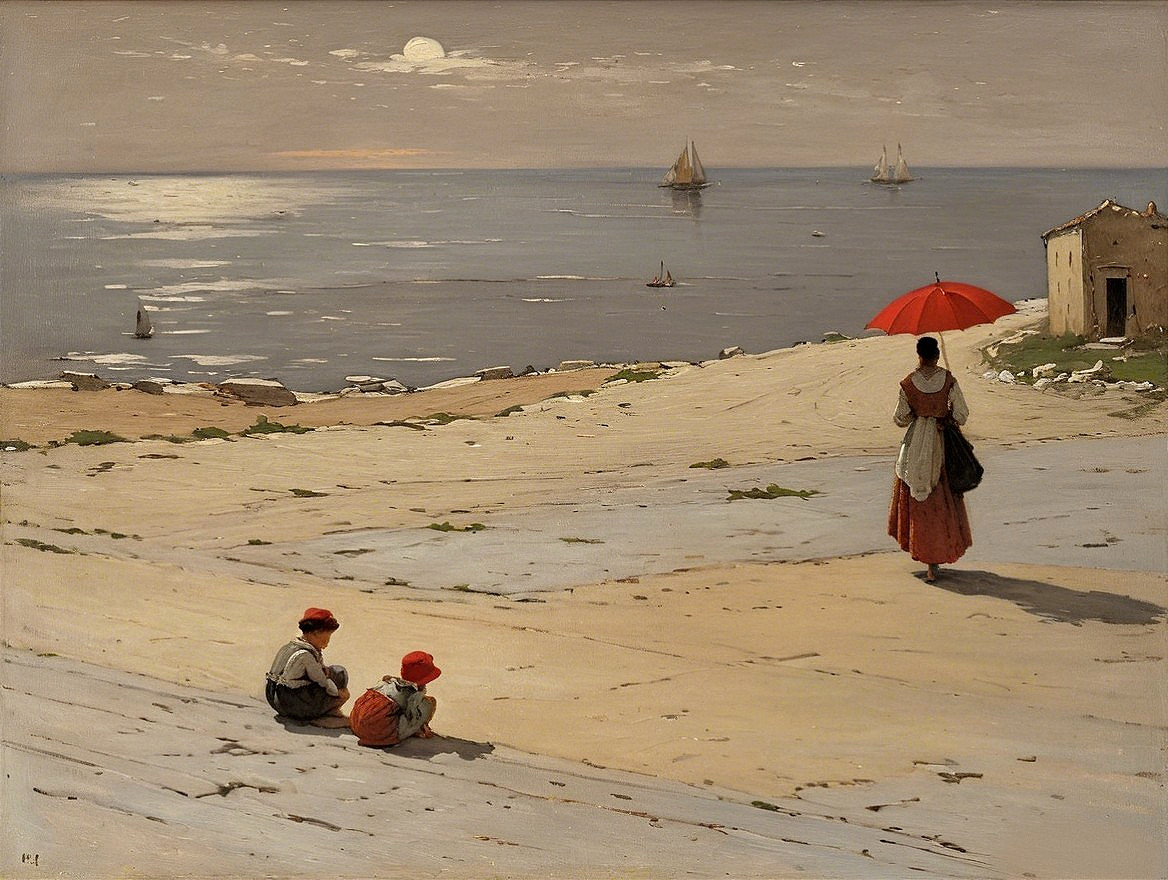 Coastal Scene with Woman, Children, and Moonlit Sea
