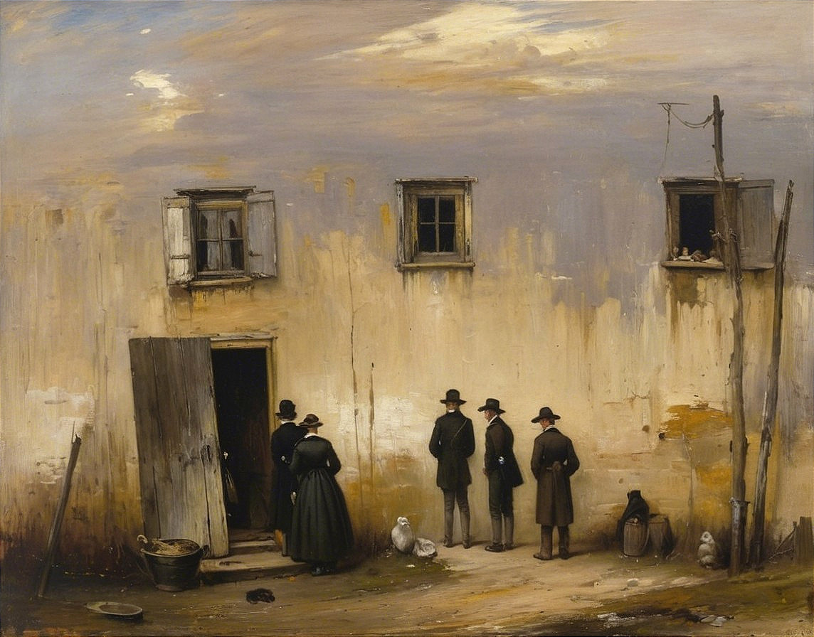 Weathered Building Scene with Figures and Animals