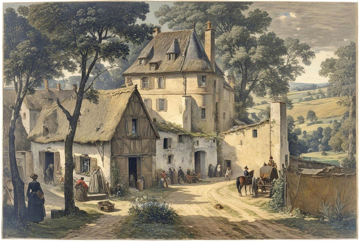 Charming Village Scene with Thatched Roof Building