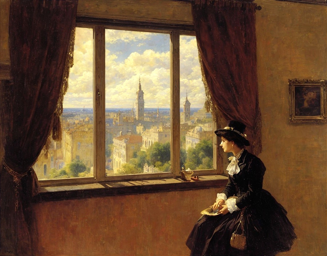 19th-Century Woman in Elegant Attire by Window