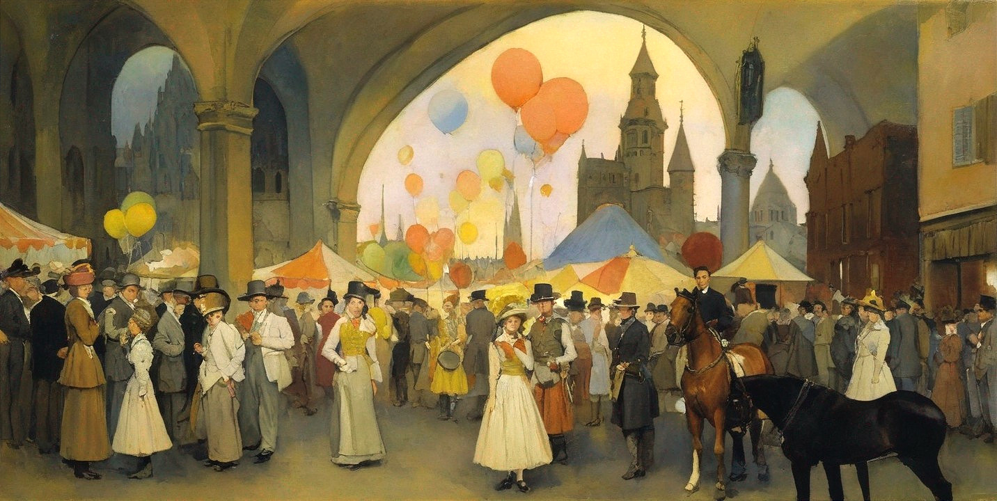 Lively festival scene with crowds and vibrant decorations