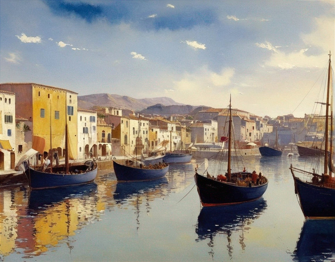 Serene Coastal Scene with Colorful Waterfront Buildings