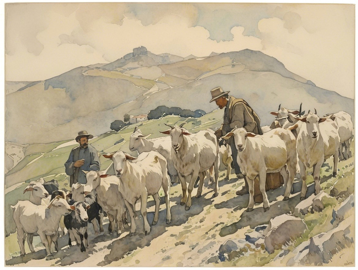 Shepherds Guiding Sheep and Goats on Rolling Hills