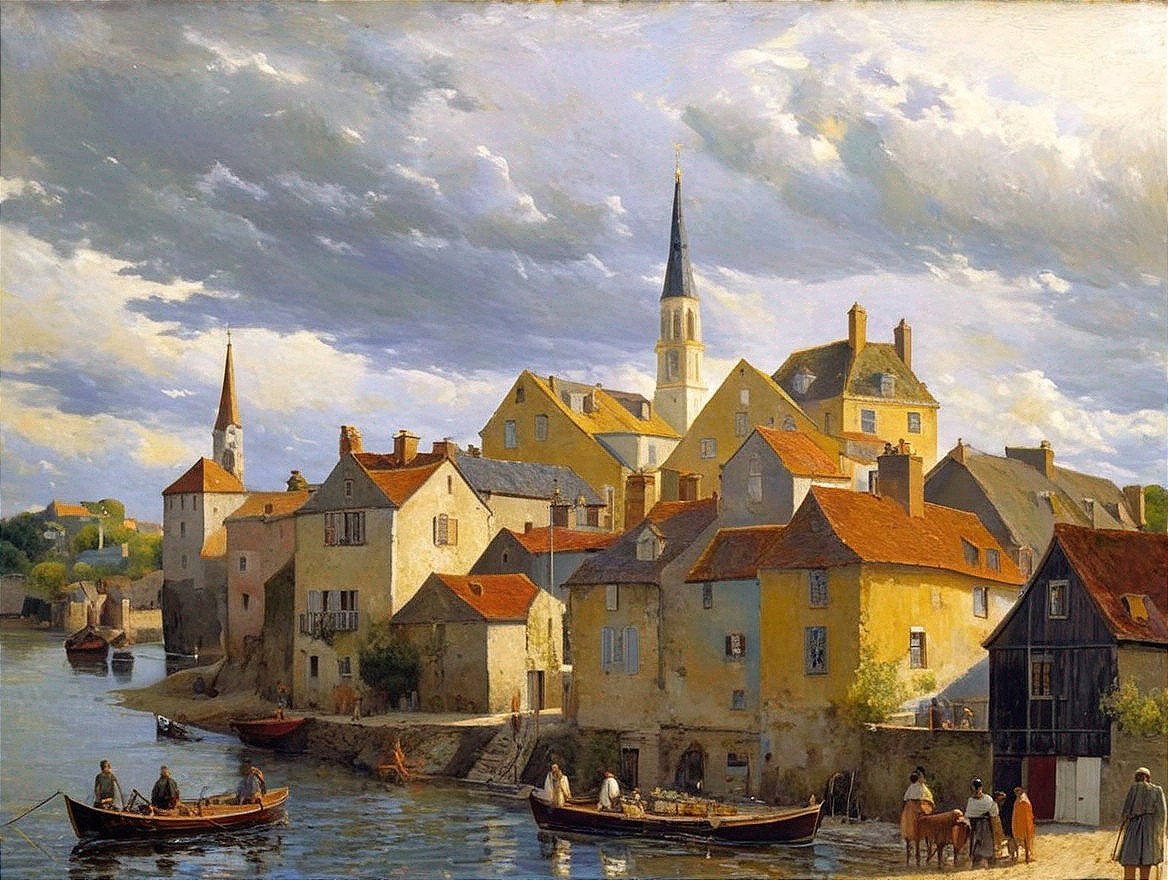 Serene Riverside Village with Charming Houses and Boats