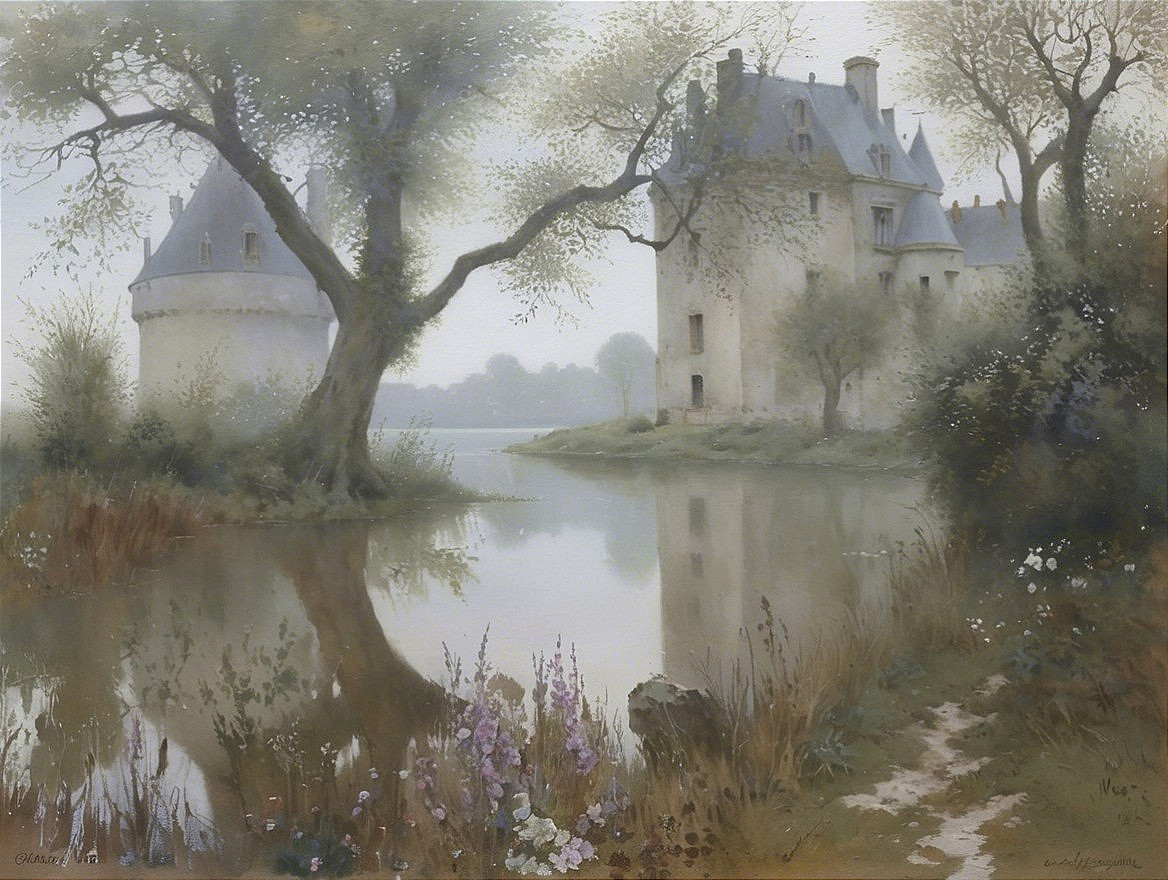 Tranquil River Landscape with Old Castle and Wildflowers
