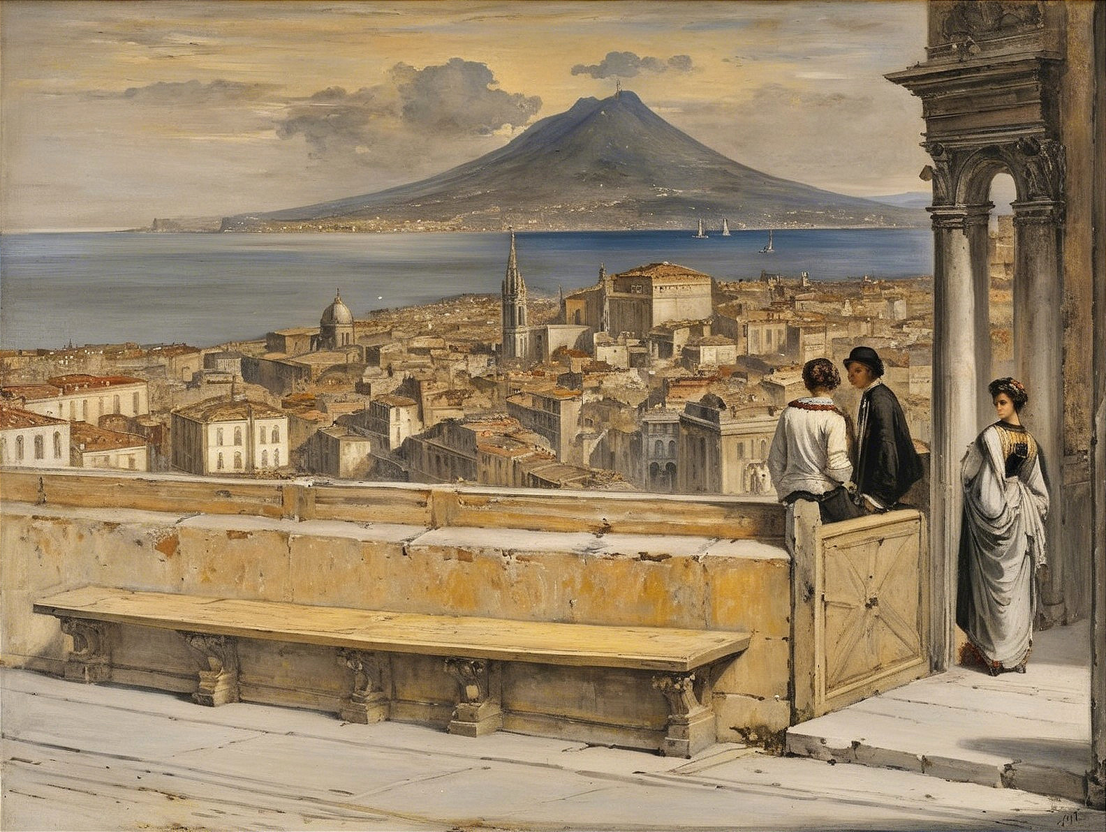 Coastal City View with Mount Vesuvius and Figures