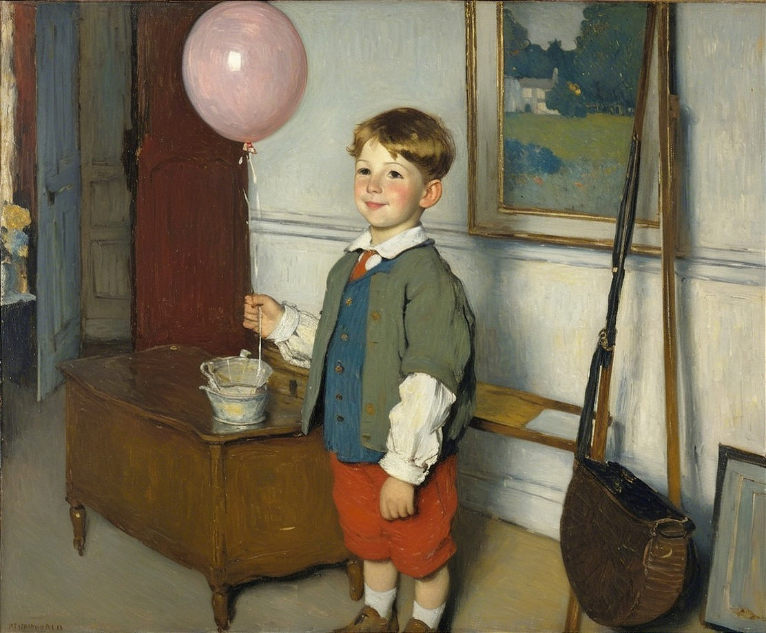 Young Boy with Pink Balloon in Cozy Room Setting