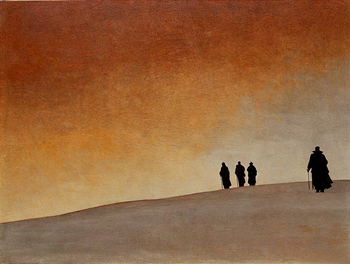 Silhouetted Figures Walking on a Sloping Landscape