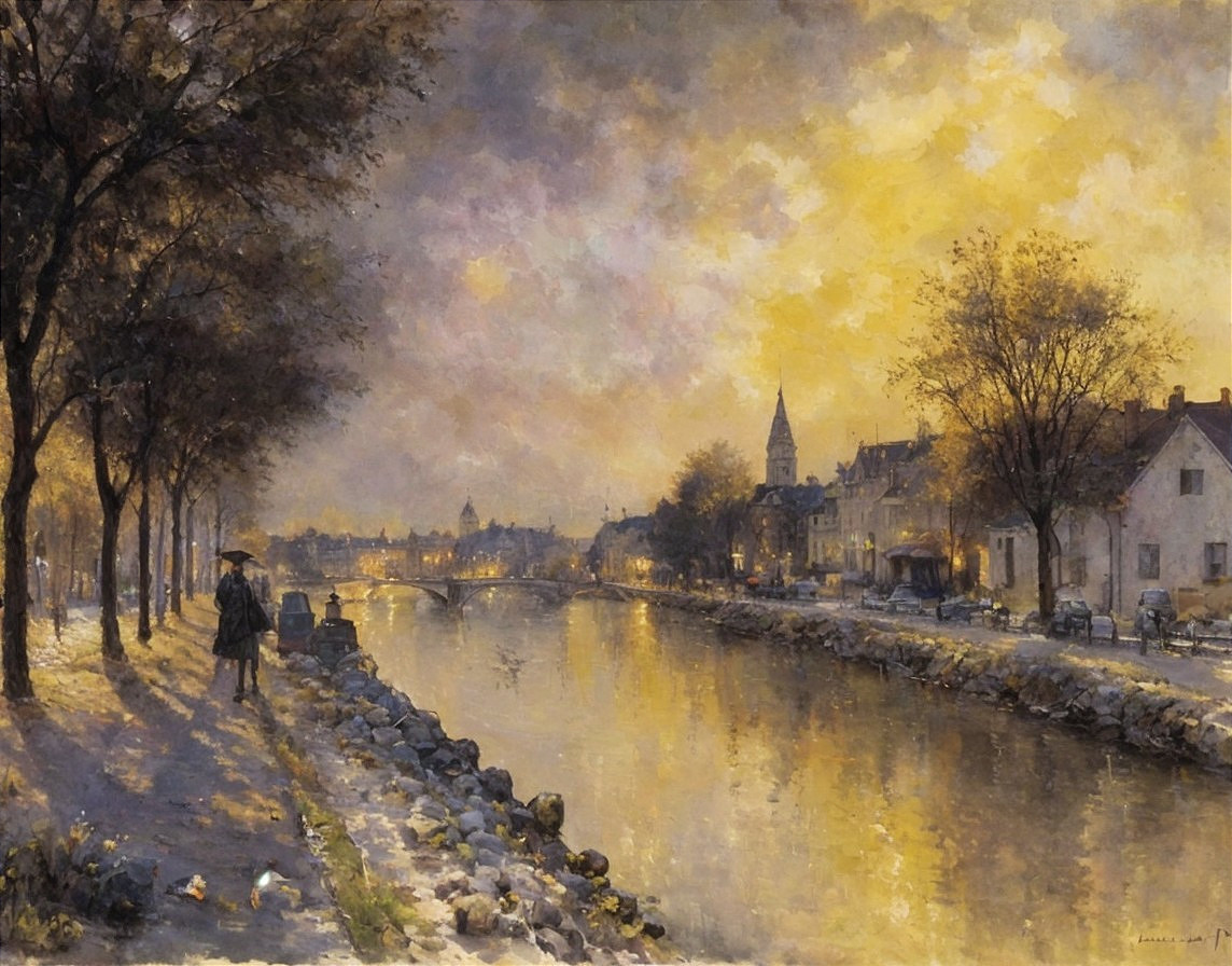 Serene Evening River Scene with Sunset Reflection