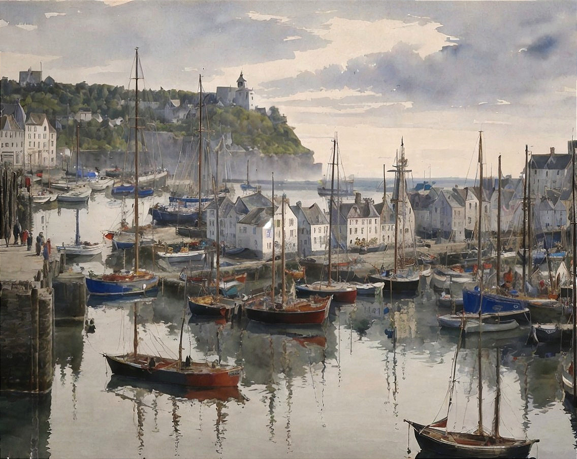 Coastal Harbor Scene with Boats and White-Washed Buildings