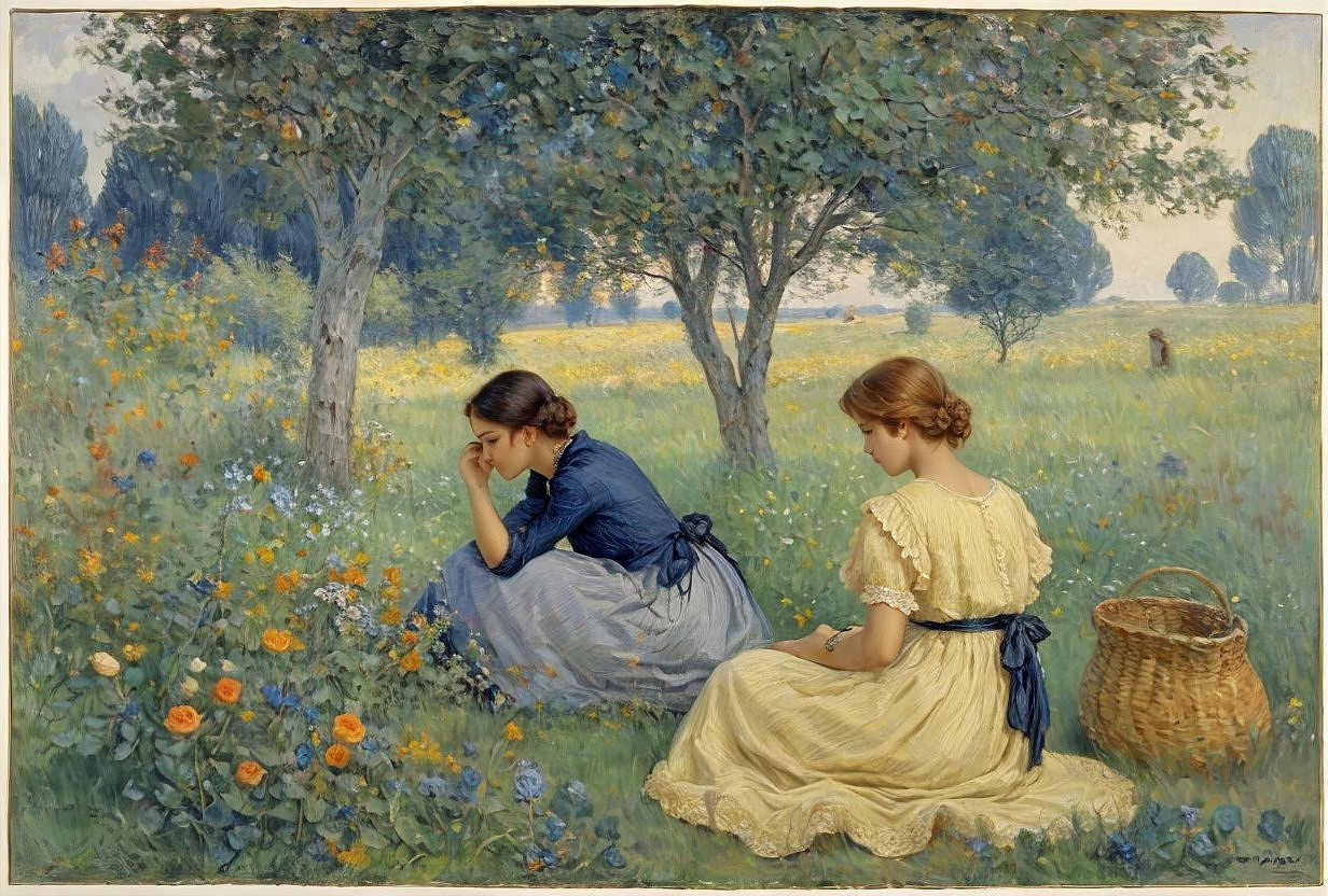 Young Women in Meadow Surrounded by Wildflowers