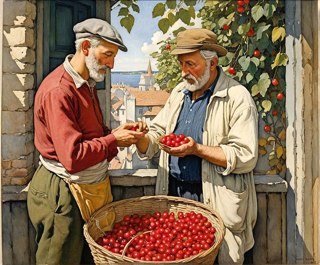 Elderly Men Exchanging Cherries by Open Window