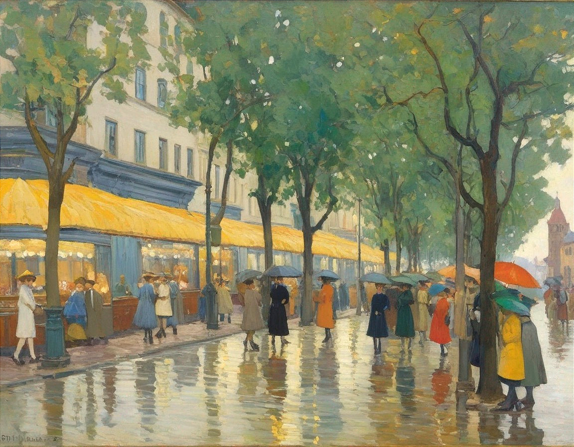 Vibrant Rainy Day Street Scene with Colorful Umbrellas