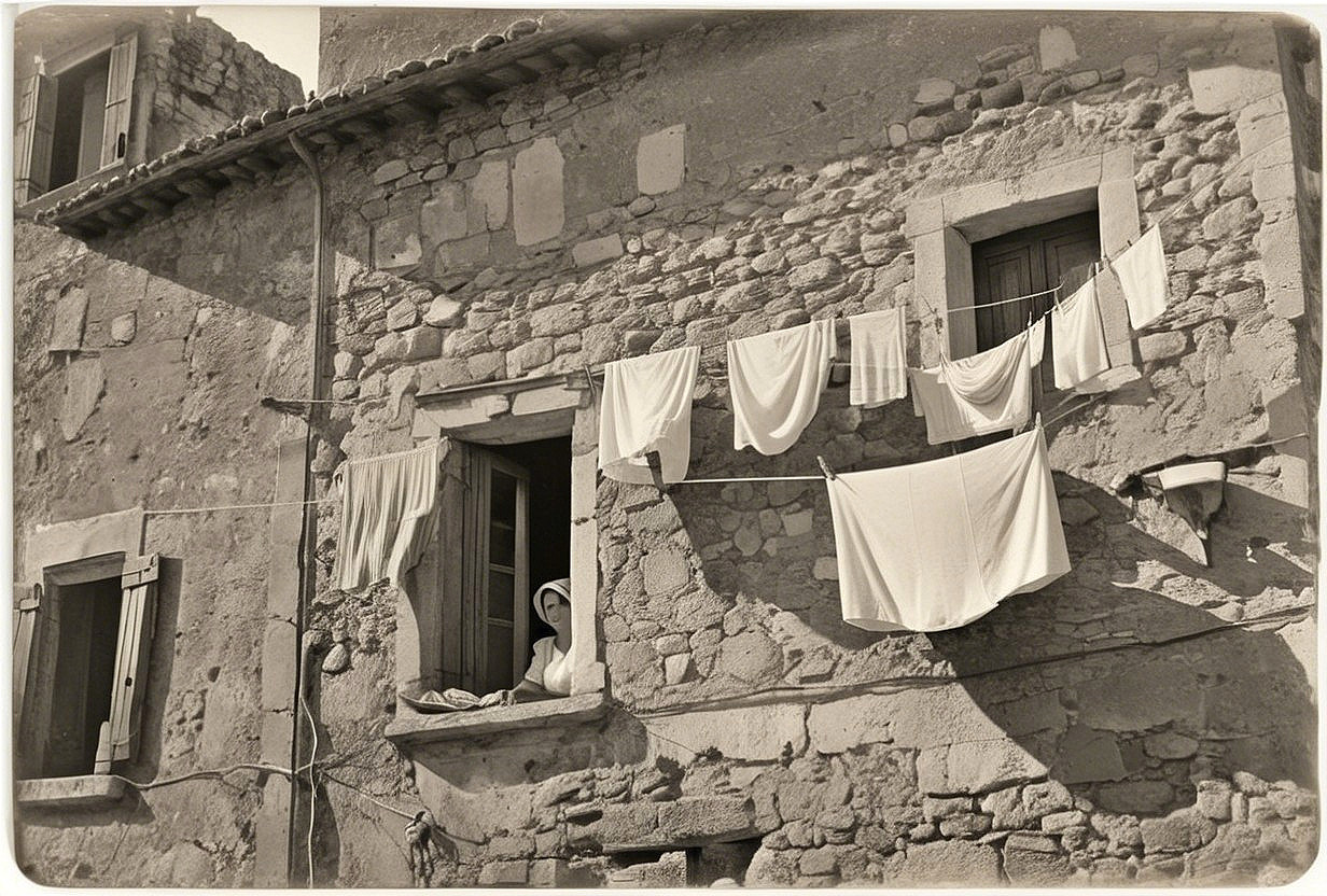 Vintage Stone Building with Wooden Windows and Laundry